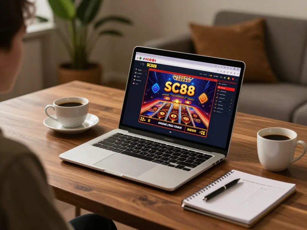 Engage with the SC88 link at an inviting online casino, showcasing a player immersed in slots gaming.