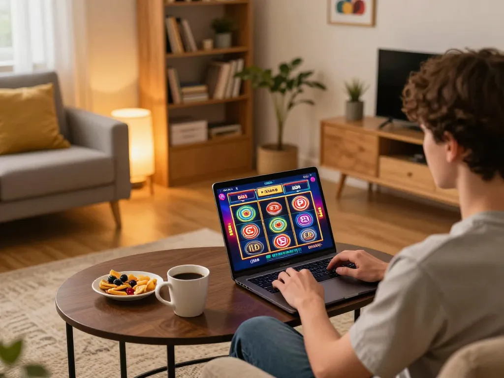 Nohu90 online gaming setup with player engaging in slot games in cozy living room