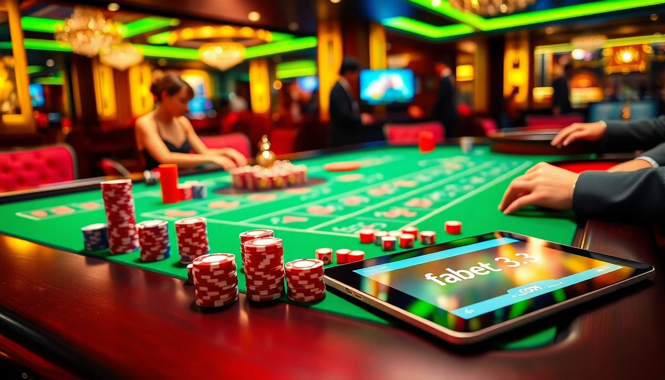 Experience thrilling gameplay at fabet3.com with luxurious casino tables and vibrant poker chips.