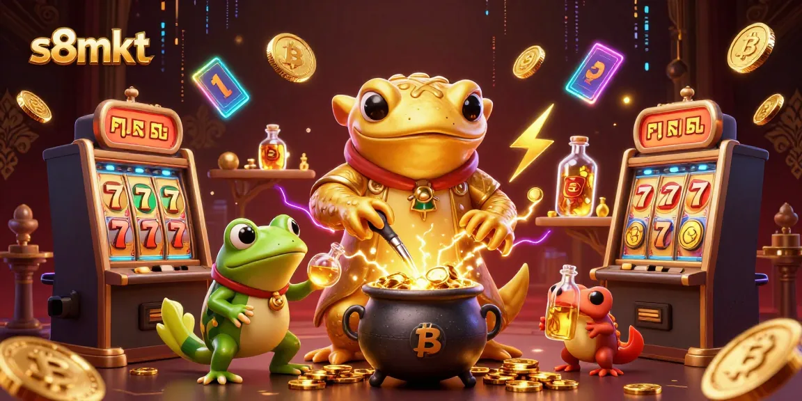 S8mkt's dynamic casino scene with golden salamander alchemist and slot machines showcasing online gaming fun.