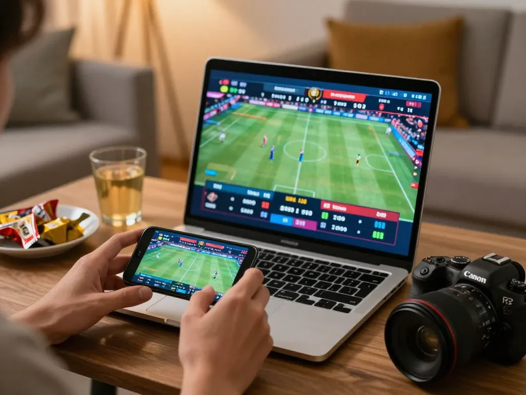 Player enjoying VU88 live sports betting on their smartphone, showcasing an engaging home atmosphere.