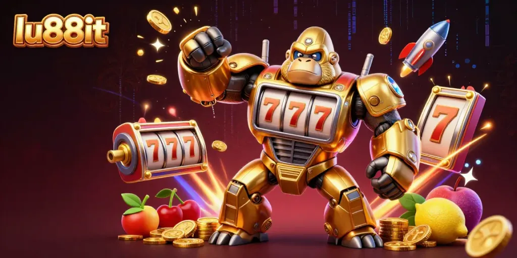 Experience thrilling slots at lu88it with a dynamic golden gorilla mech and vibrant game elements.