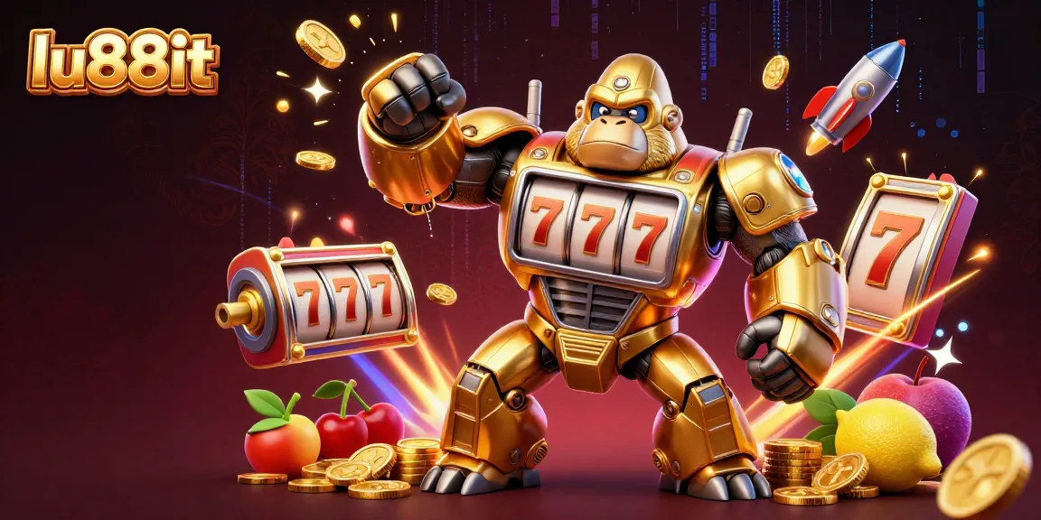 Experience thrilling slots at lu88it with a dynamic golden gorilla mech and vibrant game elements.