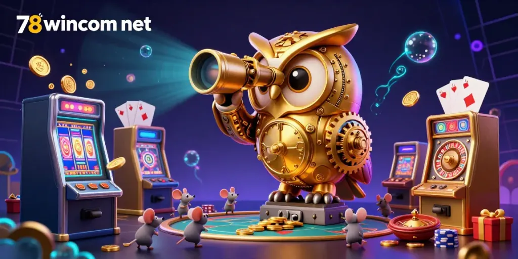 Engage with thrilling slots at 78wincom net; a 3D owl oversees animated casino action.