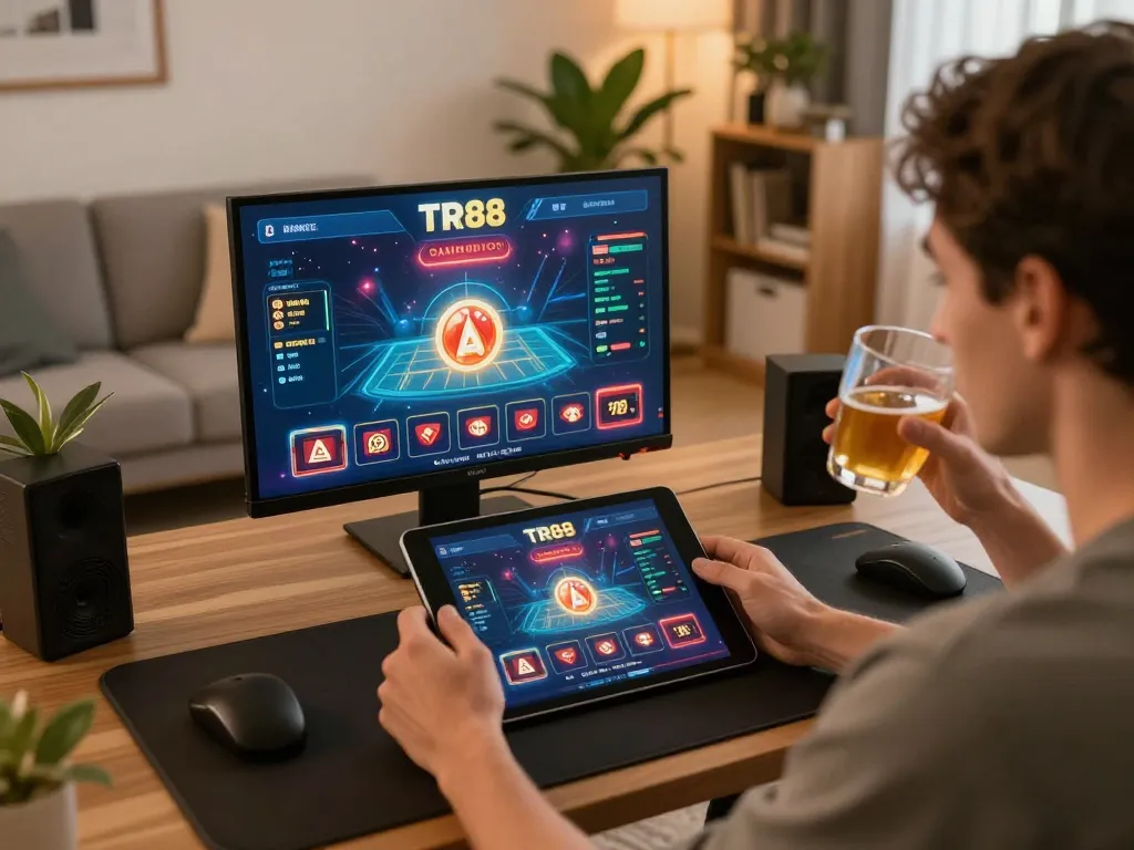 Engaged player using TR88 online interface on tablet for strategic gambling