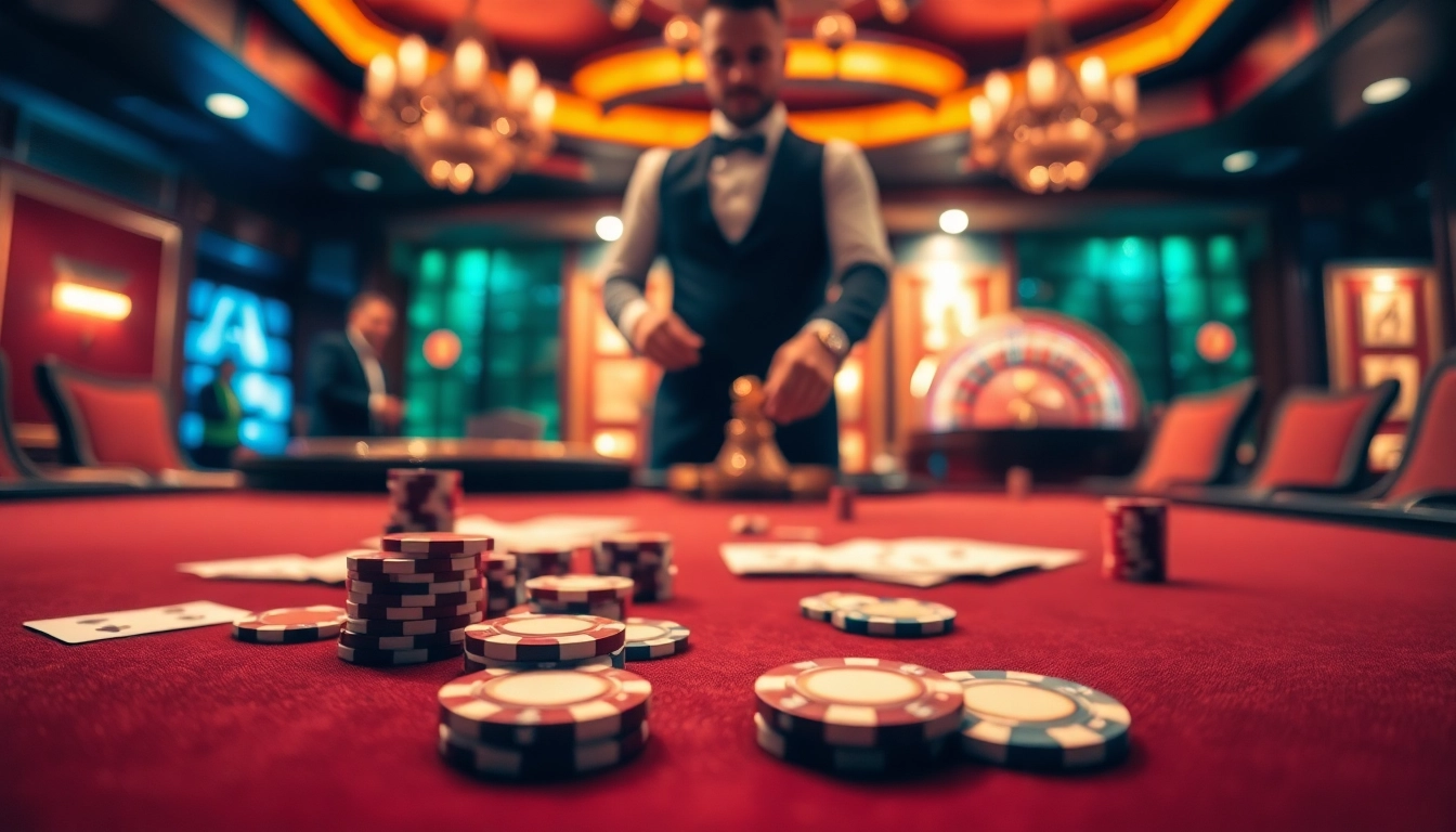 Engaging scene of c168 casino with vibrant poker chips, cards, and roulette wheel.