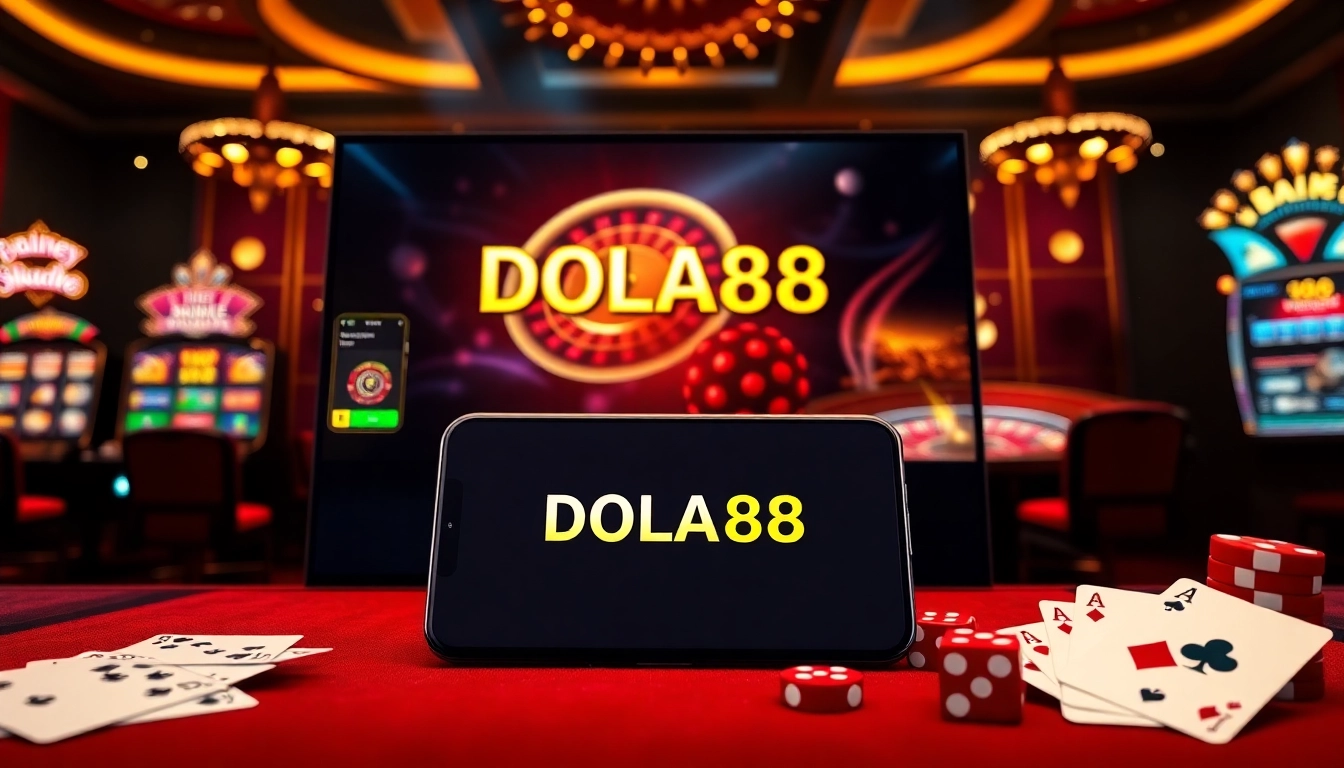 DOLA88 online casino interface with vibrant slots, roulette, and elegant cards.