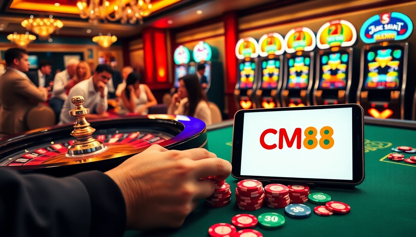 Experience high-stakes gambling at CM88 with a vibrant casino scene featuring roulette and poker tables.
