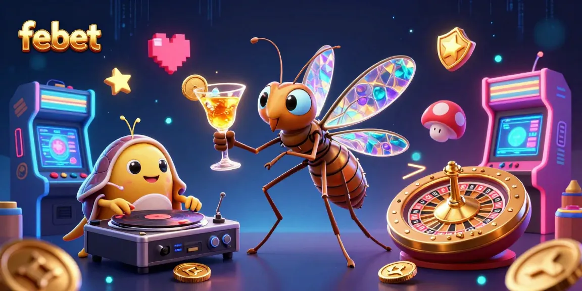 Win big at febet with a vibrant 3D casino illustration featuring unique characters and gaming elements.