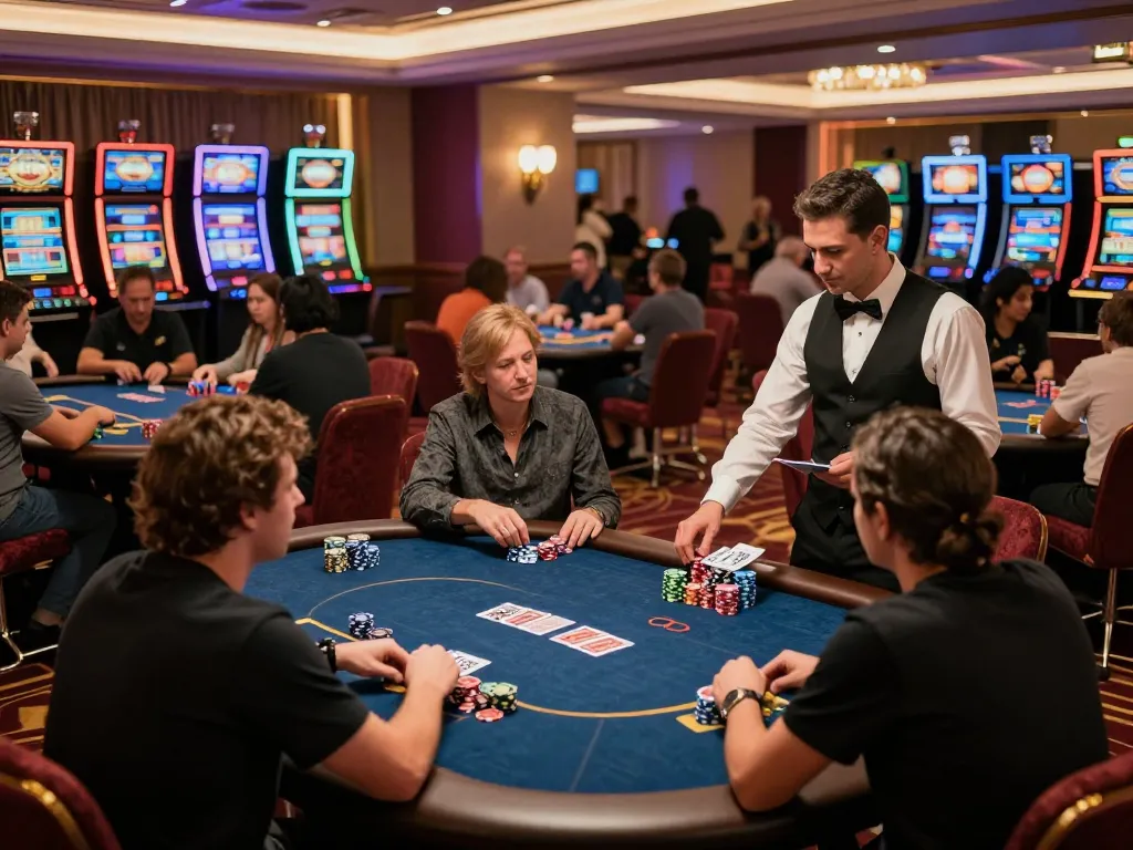Players engaging in dynamic poker gameplay at BL555 casino with vibrant atmosphere and luxurious decor.