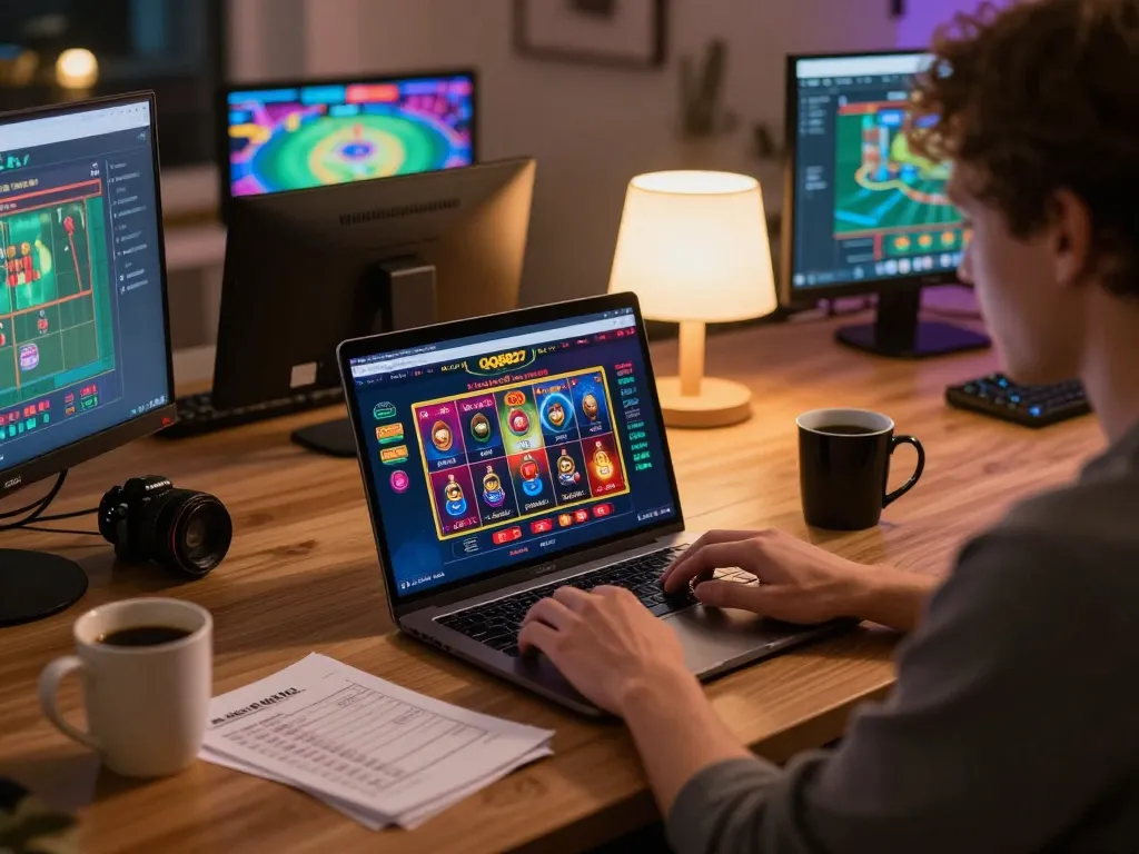 Player engaging with qq8827 online casino on laptop, showcasing colorful game interface in cozy home setting.