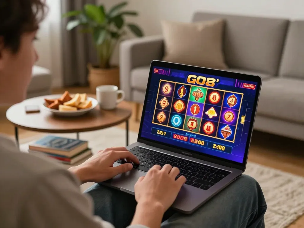Engaged player enjoying GO8's slot games online in a cozy home setup
