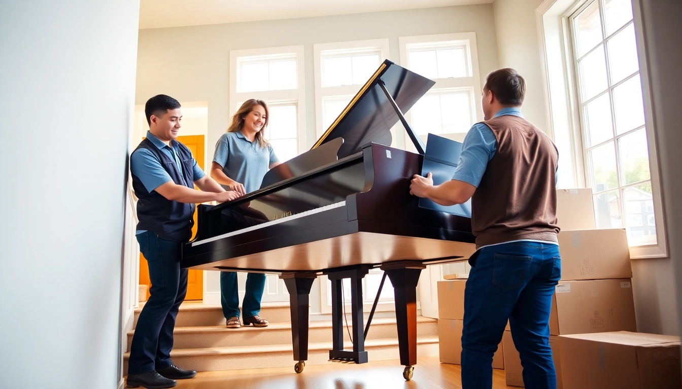Specialty moving company expertly handling a grand piano during a home move.