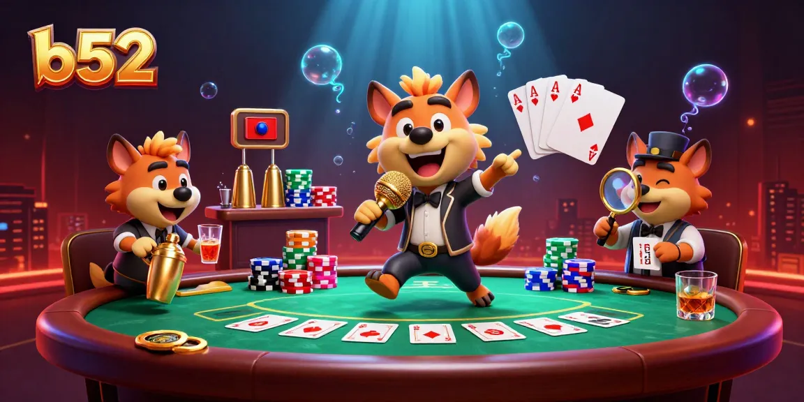 B52 hyenas casino scene with a stand-up comedian and bouncer, showcasing vibrant poker action.