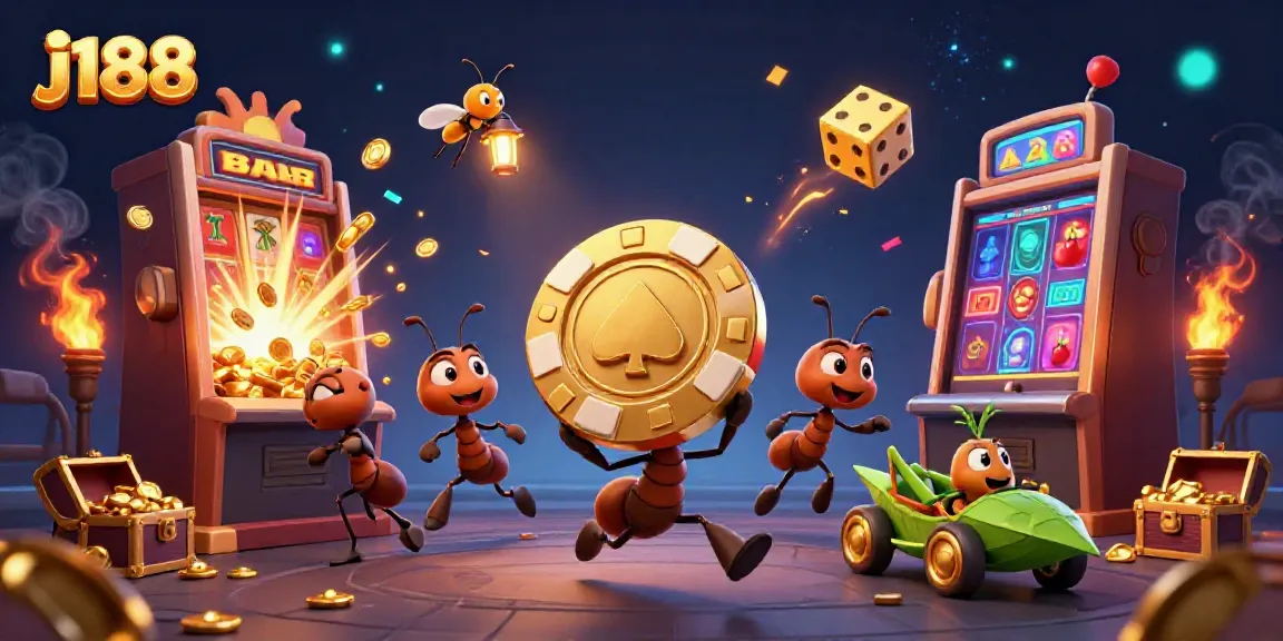Experience the excitement at j188 with a heist scene featuring ants, a slot machine, and gold coins.