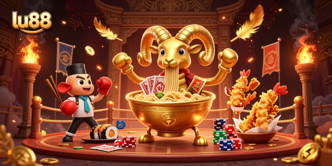 Experience exhilarating casino action with lu88, where a golden ramen bowl deals cards amid fiery energy and spectacular decorations.