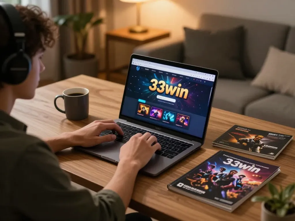 33win player engaged in online casino strategy review on a laptop in a cozy home setting.