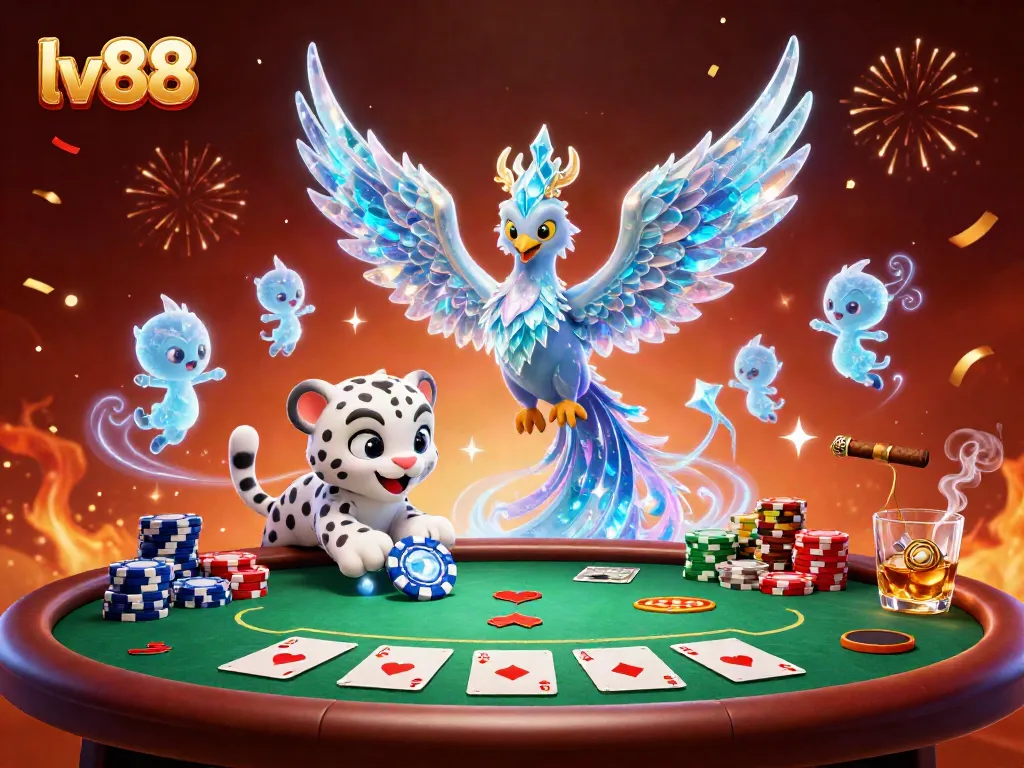 Experience thrilling poker action at lv88 with a snow leopard cub and an ice phoenix amidst vibrant gameplay elements.