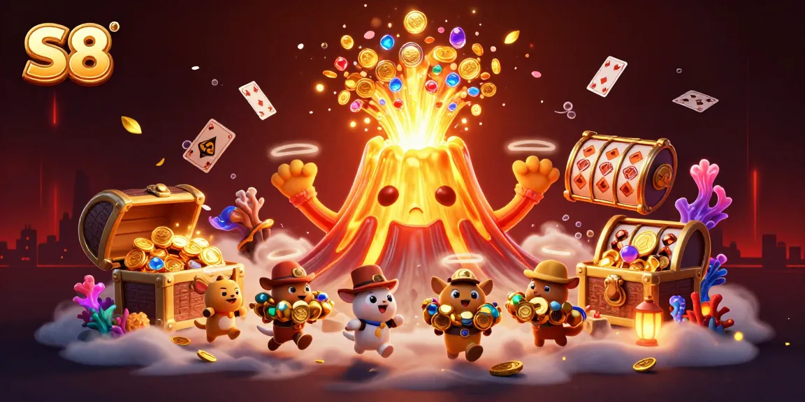 S8 players spinning the golden jackpot reels, winning treasures from a magical volcano