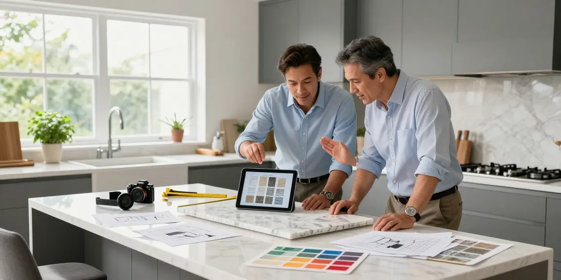 Custom countertops Hamilton: Designer showing quartz samples in a bright kitchen