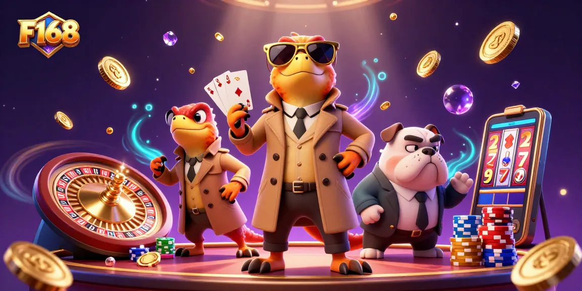 Witness F168's raptors hilariously disguised for casino entry amid shiny coins and vibrant gems.