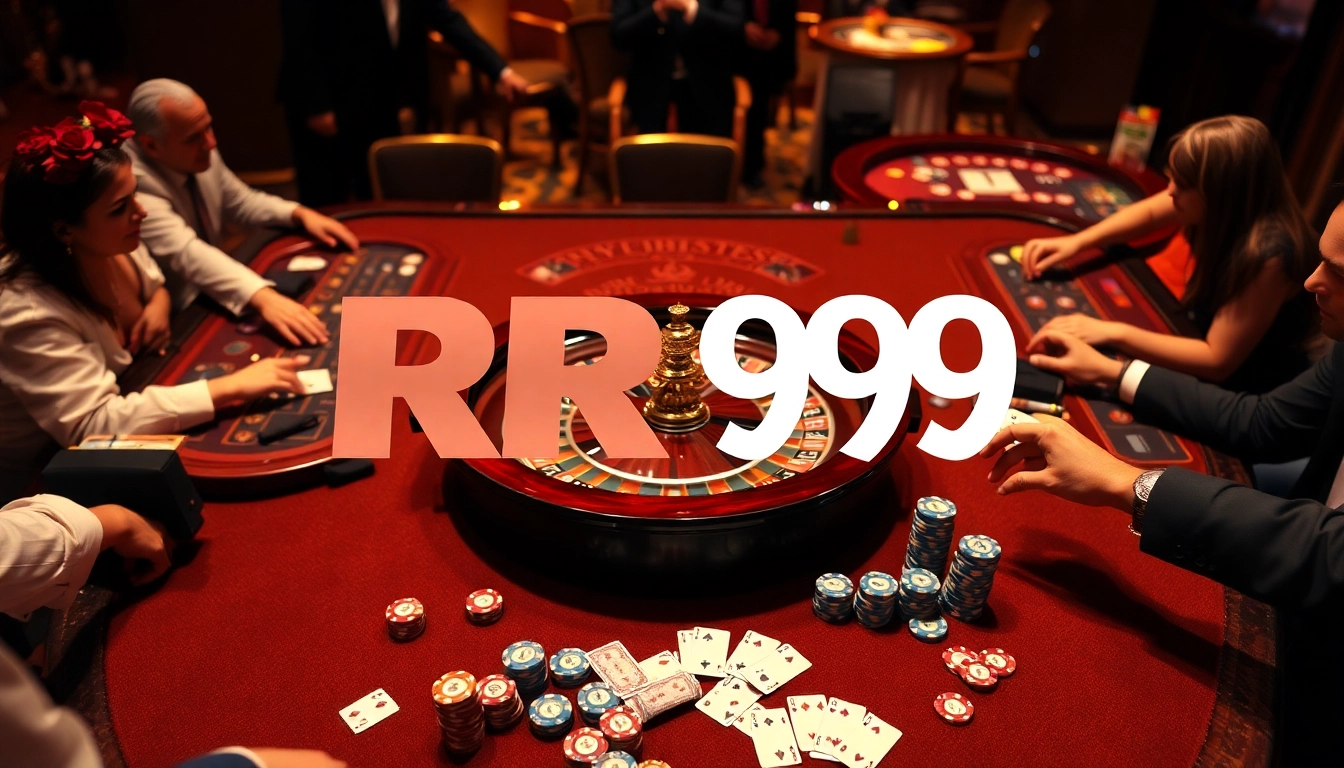 Gambling excitement at RR99 casino with roulette, chips, and players engaged.