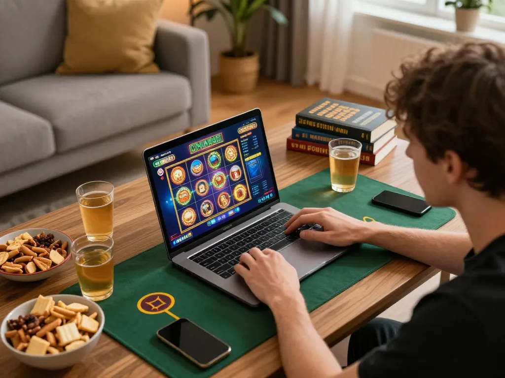 Engaged user enjoying the online gambling experience with 78win on laptop in a cozy home setting