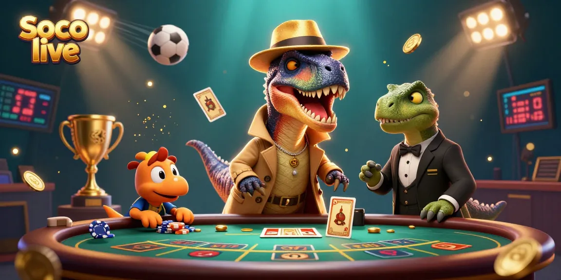 Soco live features an inconspicuous velociraptor card counter amid a vibrant circus of sports elements.