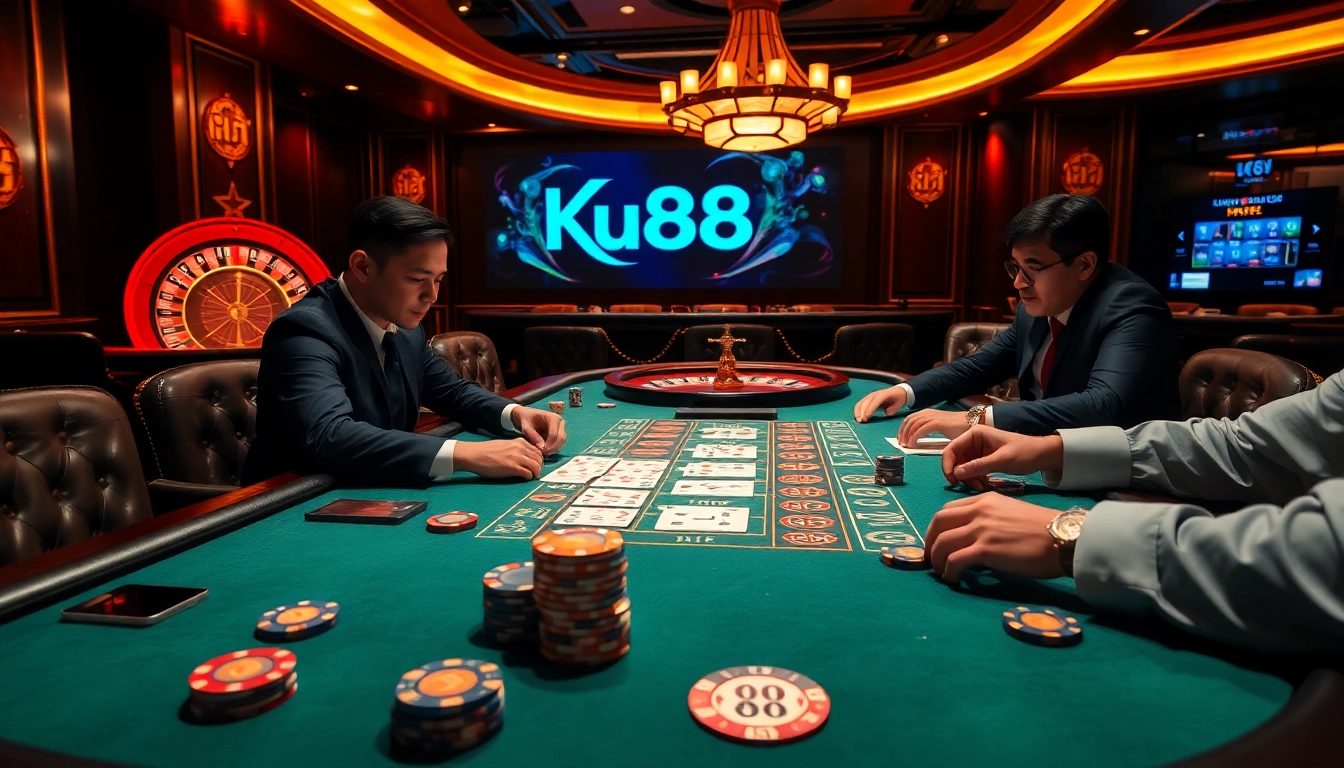 Experience the excitement of online gambling with Link mới Ku88 at a high-stakes poker table.