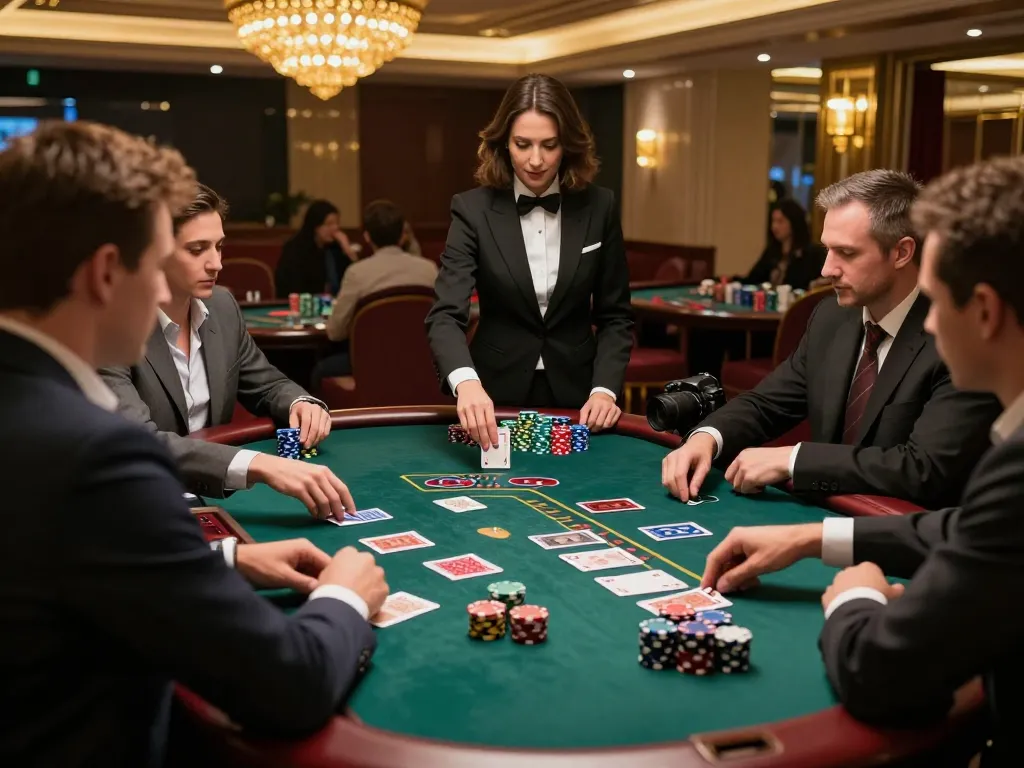 Play blackjack at https://rr88.com.se/ with players engaged in a strategic game, colorful chips stacked on the table.