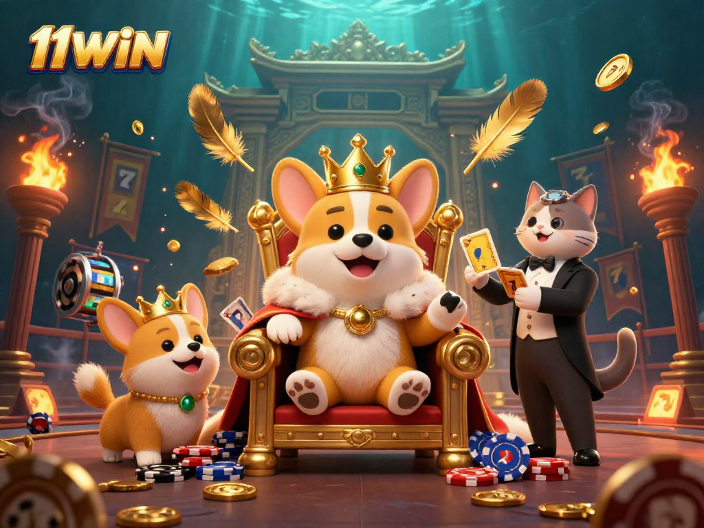 Experience the excitement of 11WIN casino with a vibrant, detailed 3D illustration of gaming elements.