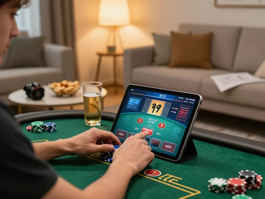 Player engaging with online poker game on tablet at home while using the j188 app, showcasing a cozy atmosphere.