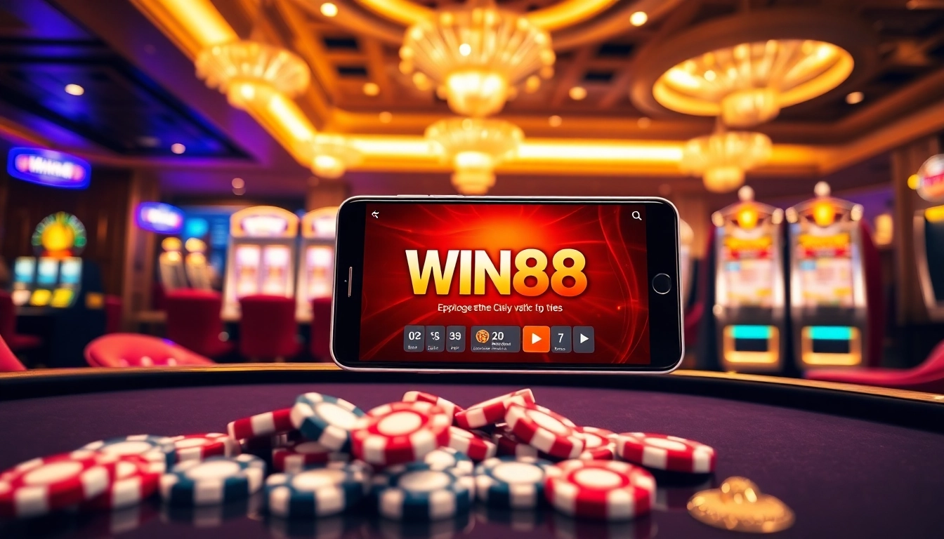 Experience the excitement of online gambling with the WIN88 APP interface on a sleek smartphone amidst vibrant casino elements.