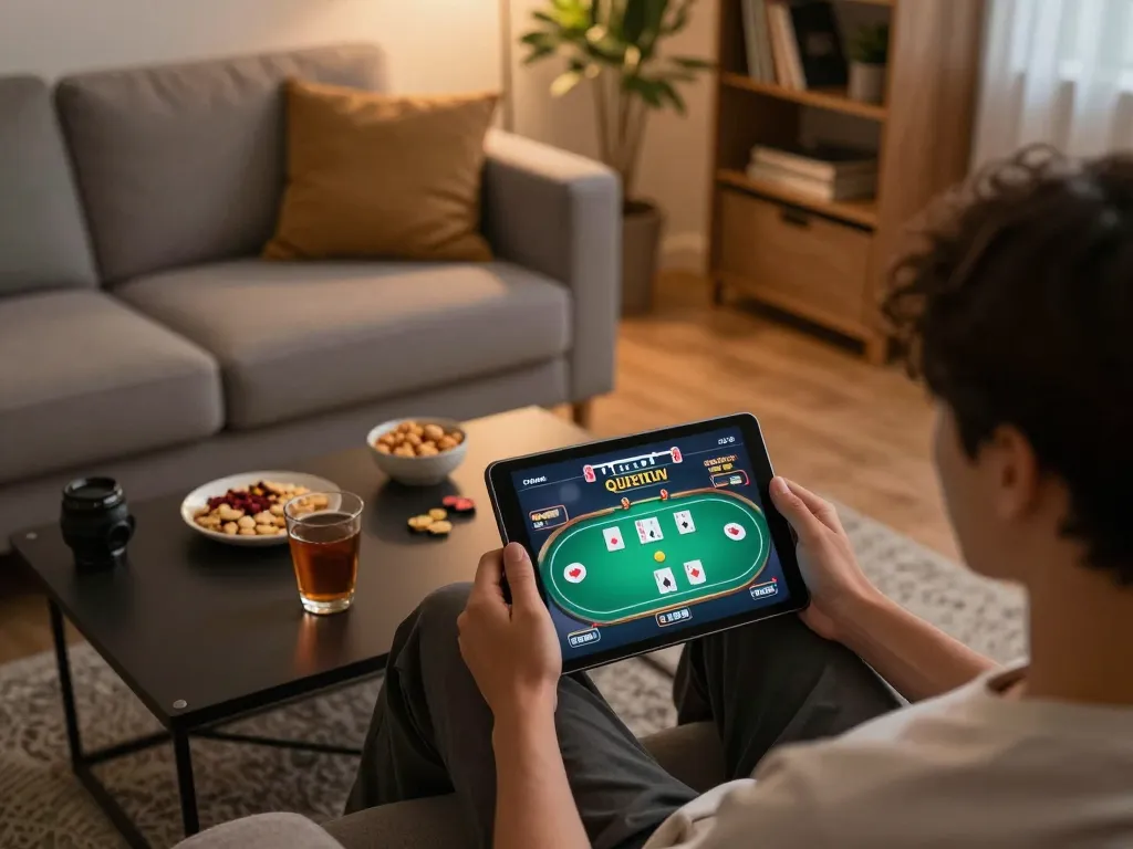 Engaging in online gaming on Trang chủ SC88 with a cozy home setup and tablet.