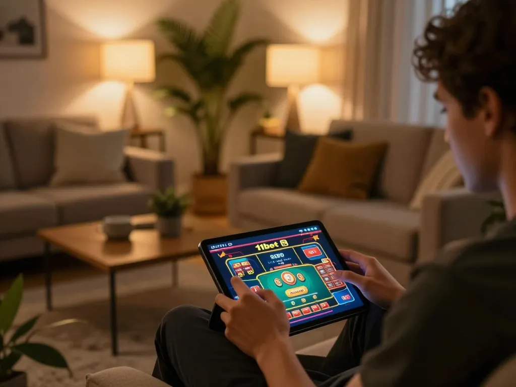 Engaged player enjoying 11bet online casino experience on a tablet in a cozy living room setting.