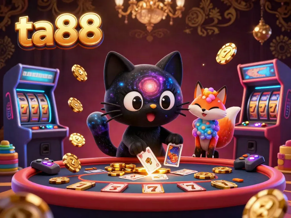 Engage in thrilling gameplay at ta88 with a cosmic casino scene featuring vibrant characters and slot elements.