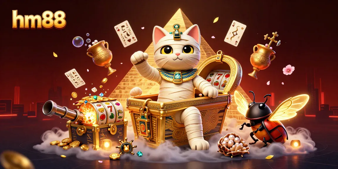 Experience exciting gameplay with the hm88 Egyptian mummy cat in a vibrant casino scene.
