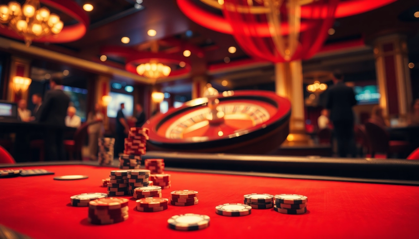 Exciting casino atmosphere showcasing gaming tables, poker chips, and roulette at 3win.com.