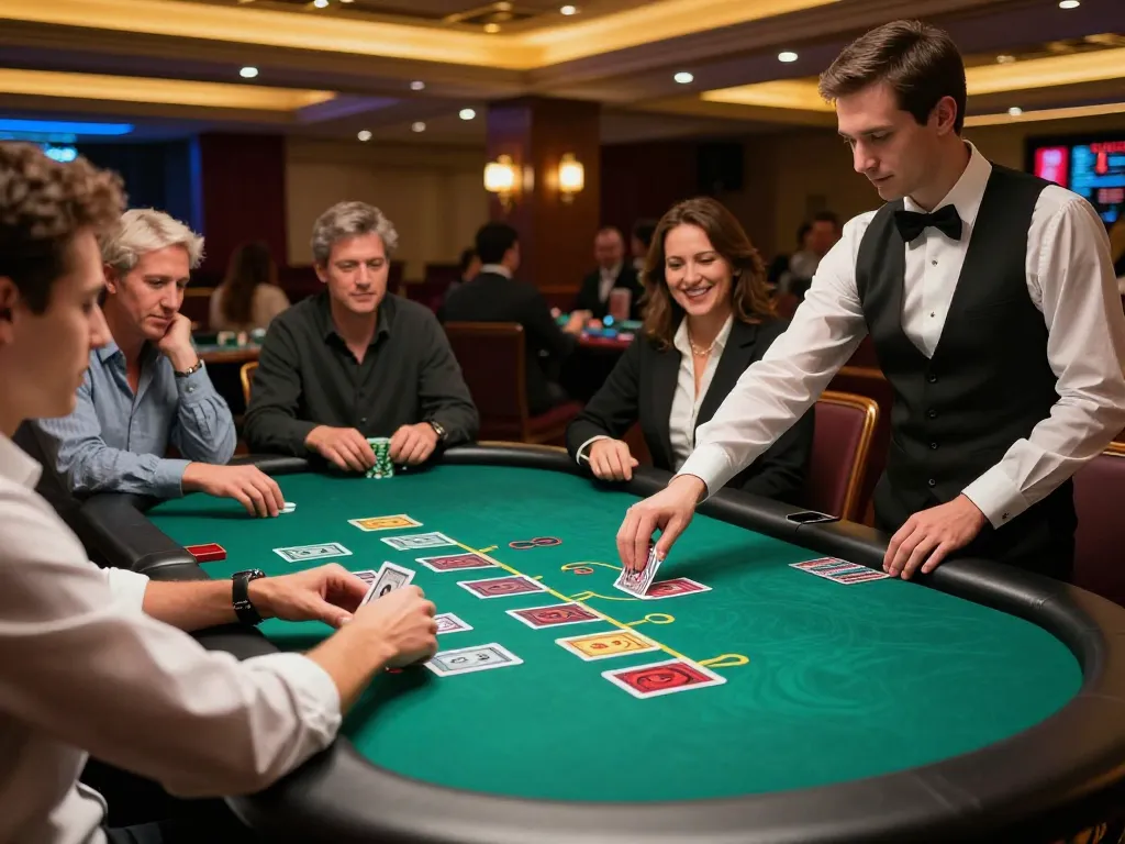 Players strategizing in a live dealer blackjack game at bom88 casino, vibrant atmosphere captured.