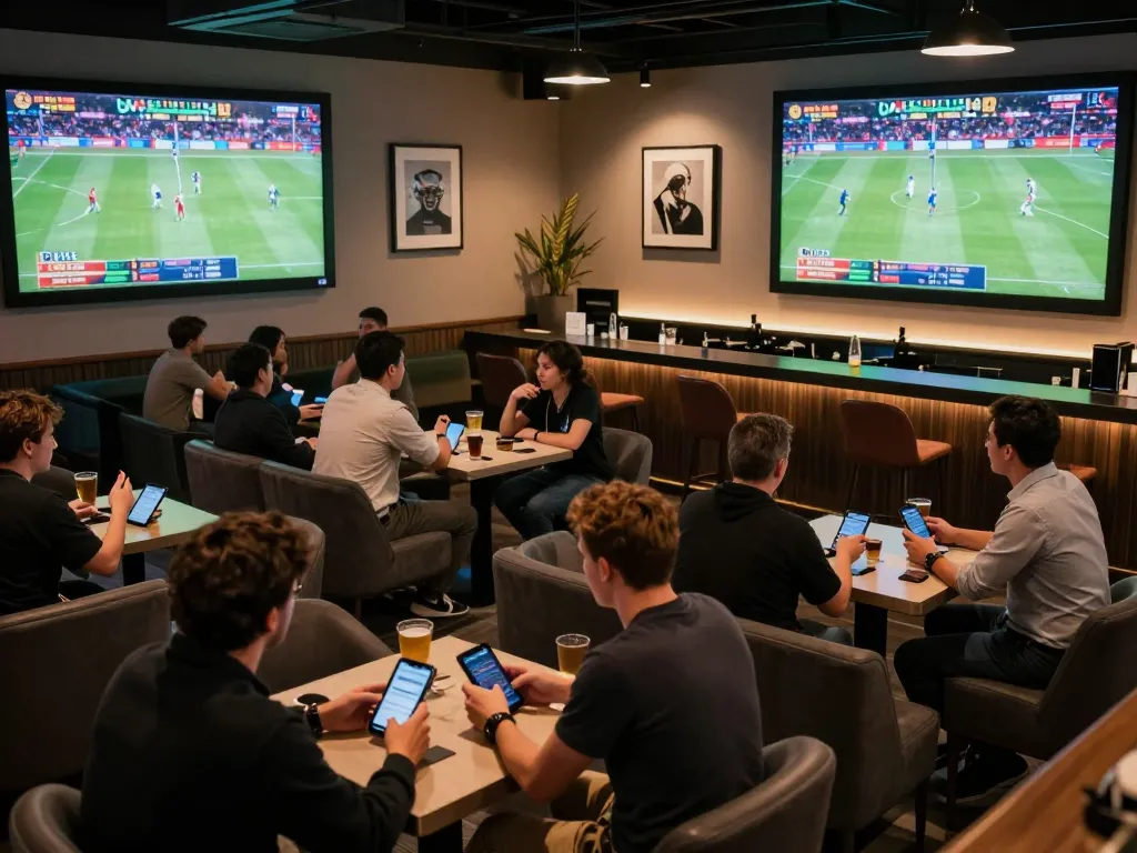 Kèo nhà cái hôm nay showcased in a vibrant sports betting lounge with fans placing bets and cheering