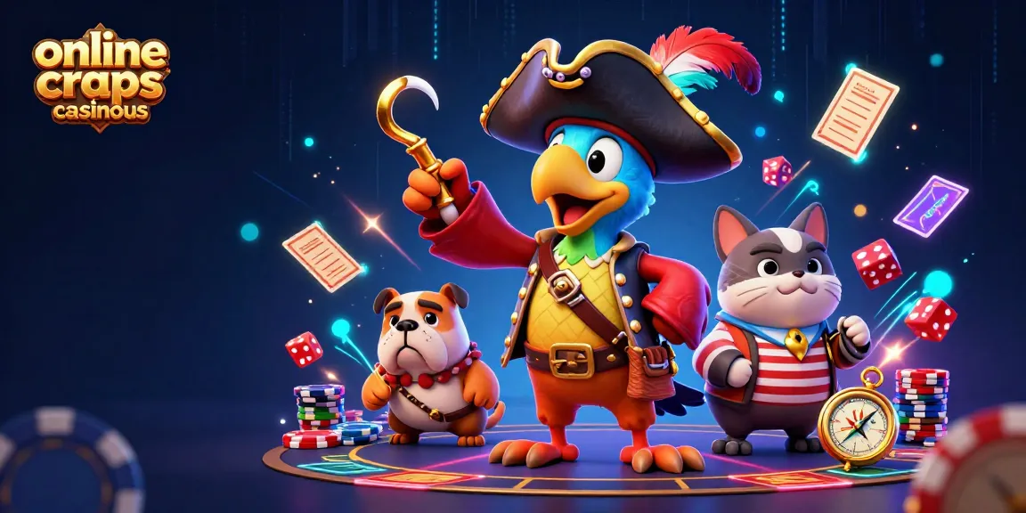 Win big with online craps casinous, featuring vibrant digital illustration of animated casino characters and game elements.
