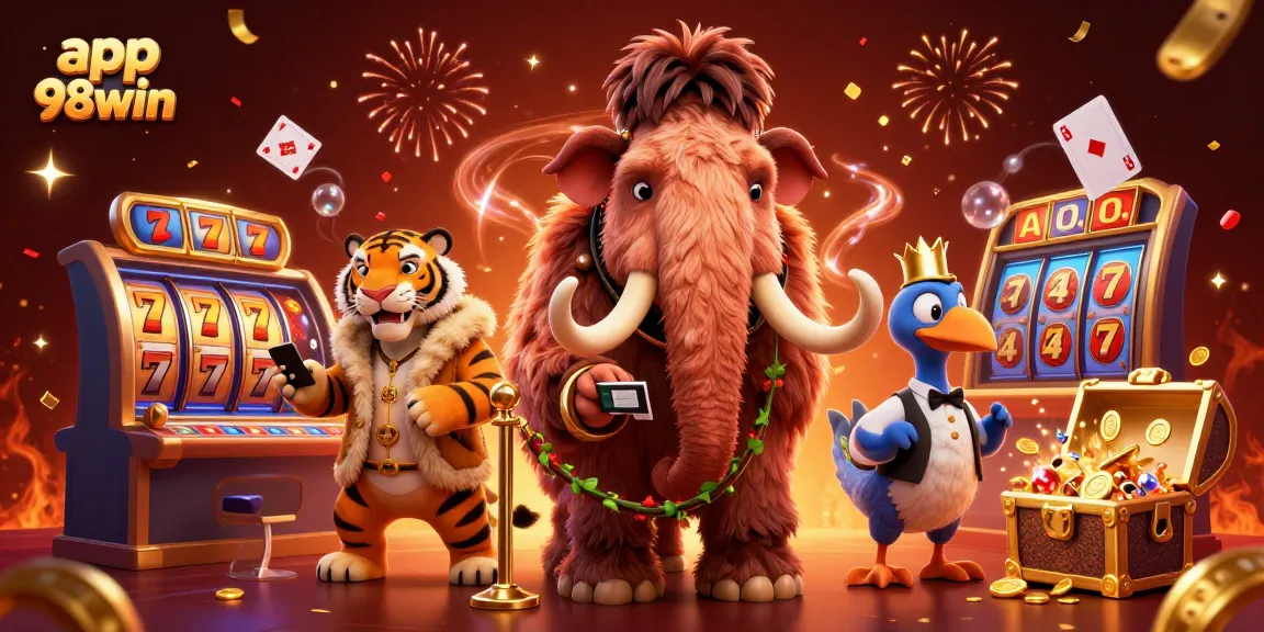 Experience thrilling gameplay with app 98win as a woolly mammoth bouncer checks IDs in a vibrant casino.