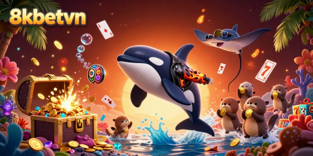 Engage in exciting adventures with 8xbetvn’s dynamic characters in a vibrant casino-themed illustration.