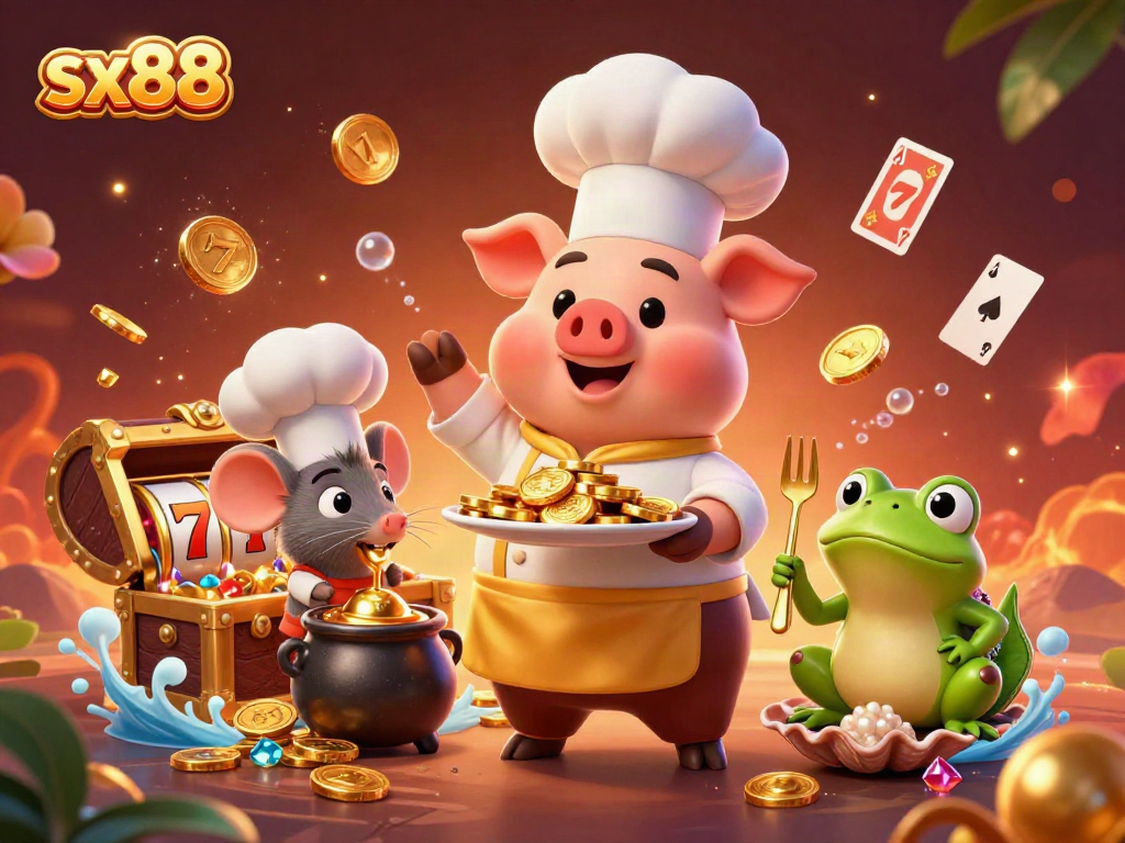 Experience the vibrant sx88 casino atmosphere with charming animal characters serving gold coins and playful gaming elements.