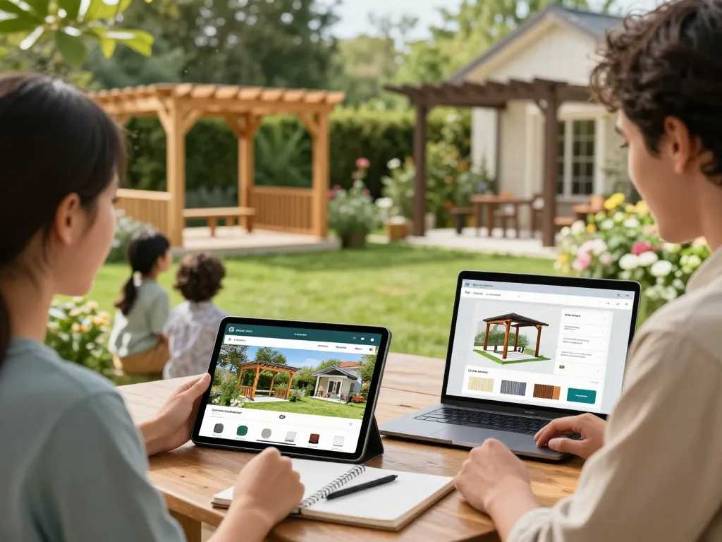 Customer using Pergola Sales Software to visualize customizable pergolas in an outdoor garden.