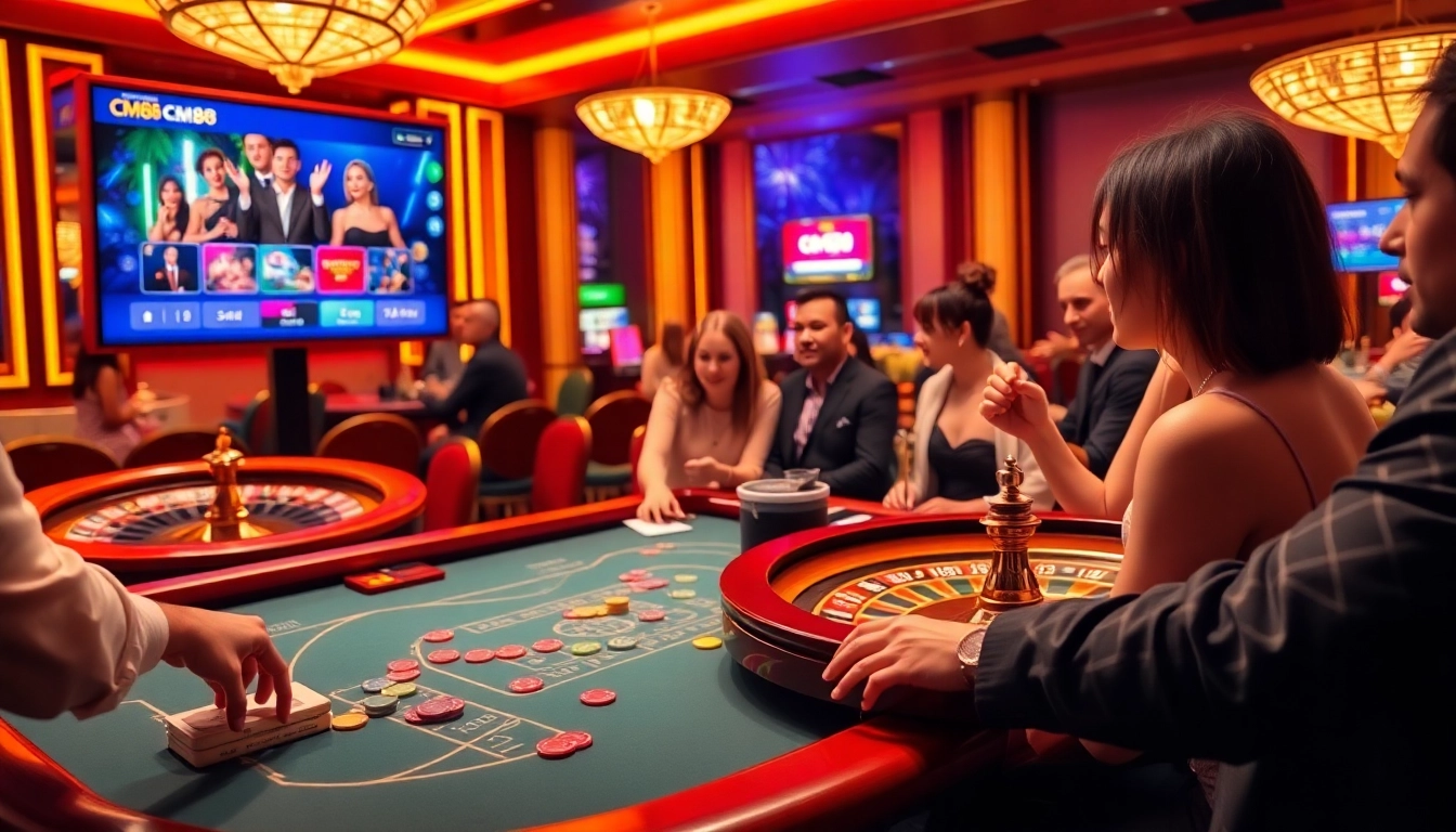 Tải cm88 to experience thrilling casino games, with vibrant poker tables and excited players.