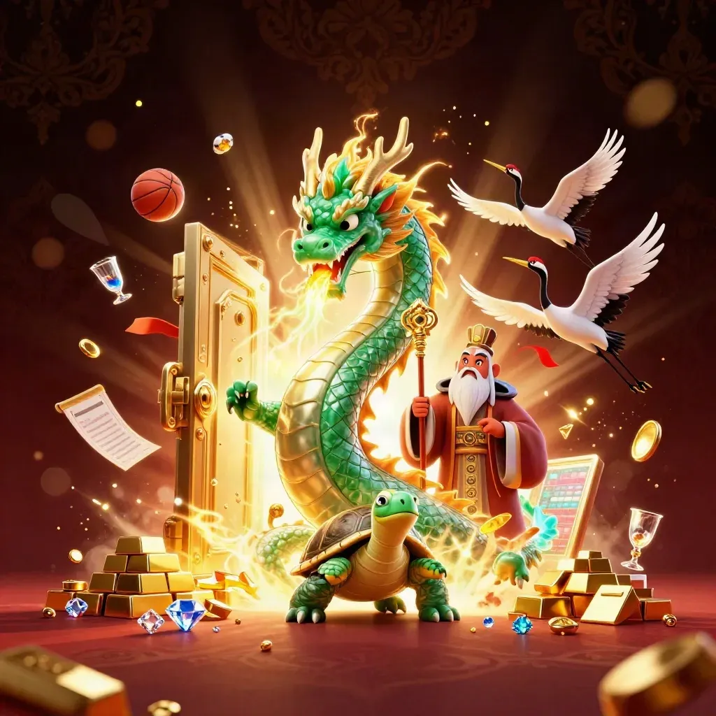 Fantasy casino key art: jade dragon, turtle sage, cranes, vault, gold, balls, and neon glow.