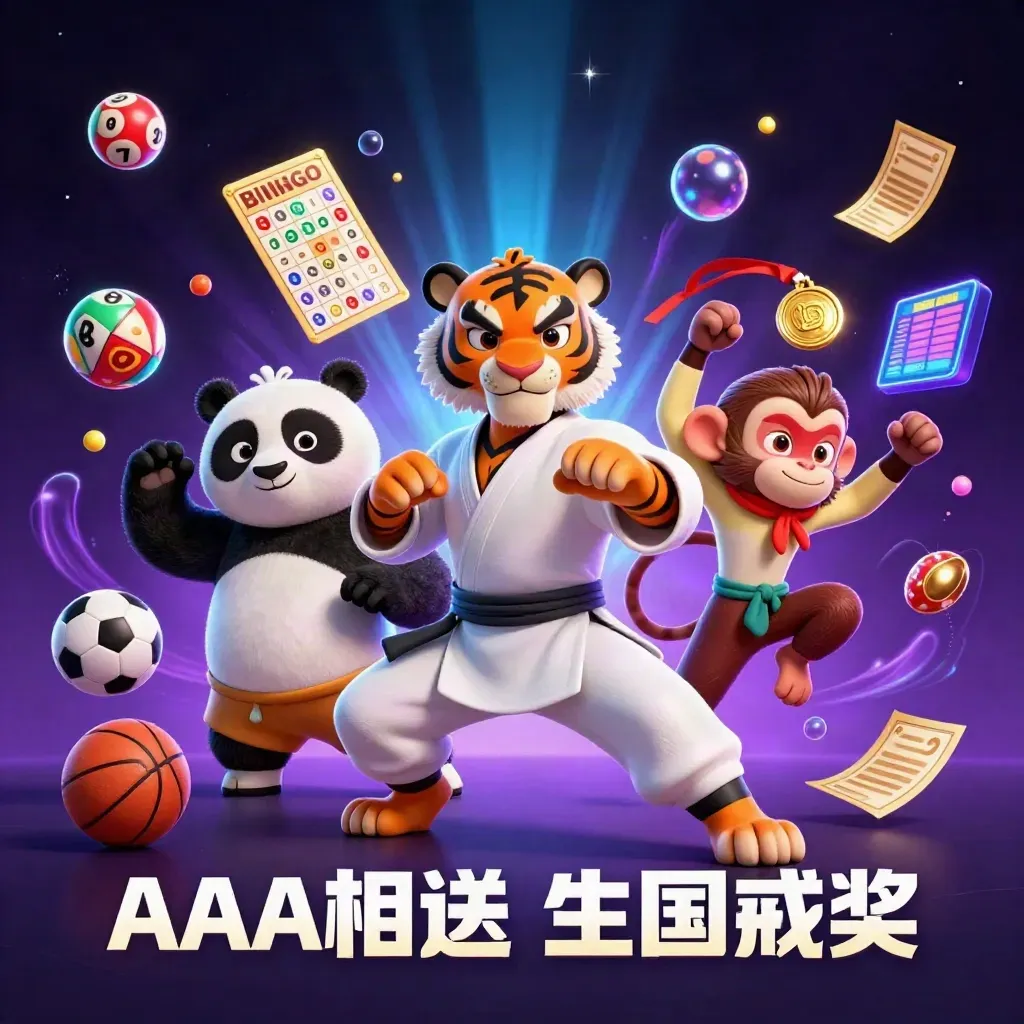 Tiger, panda and monkey in a neon casino splash with balls, wheel, tickets and treasure.