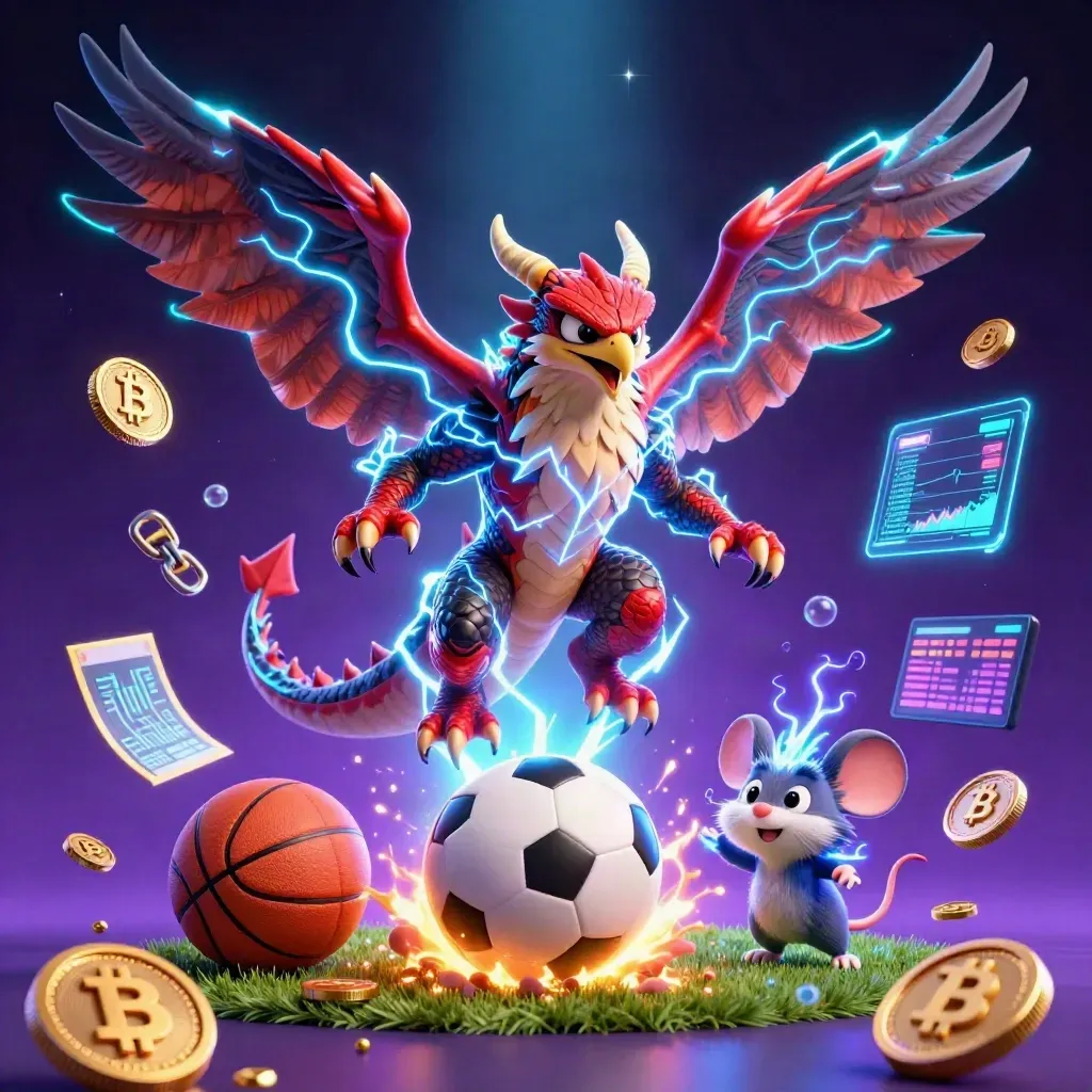 Thunder dragon, hawk and static mouse amid neon coins, lightning, and sports balls