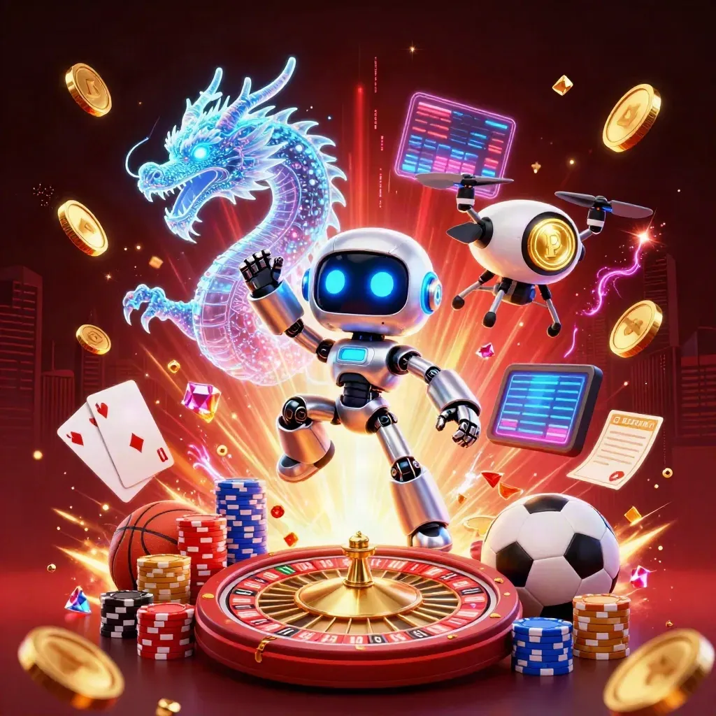 Cyberpunk robot, holographic dragon and coin drone amid casino treasure and neon storm.
